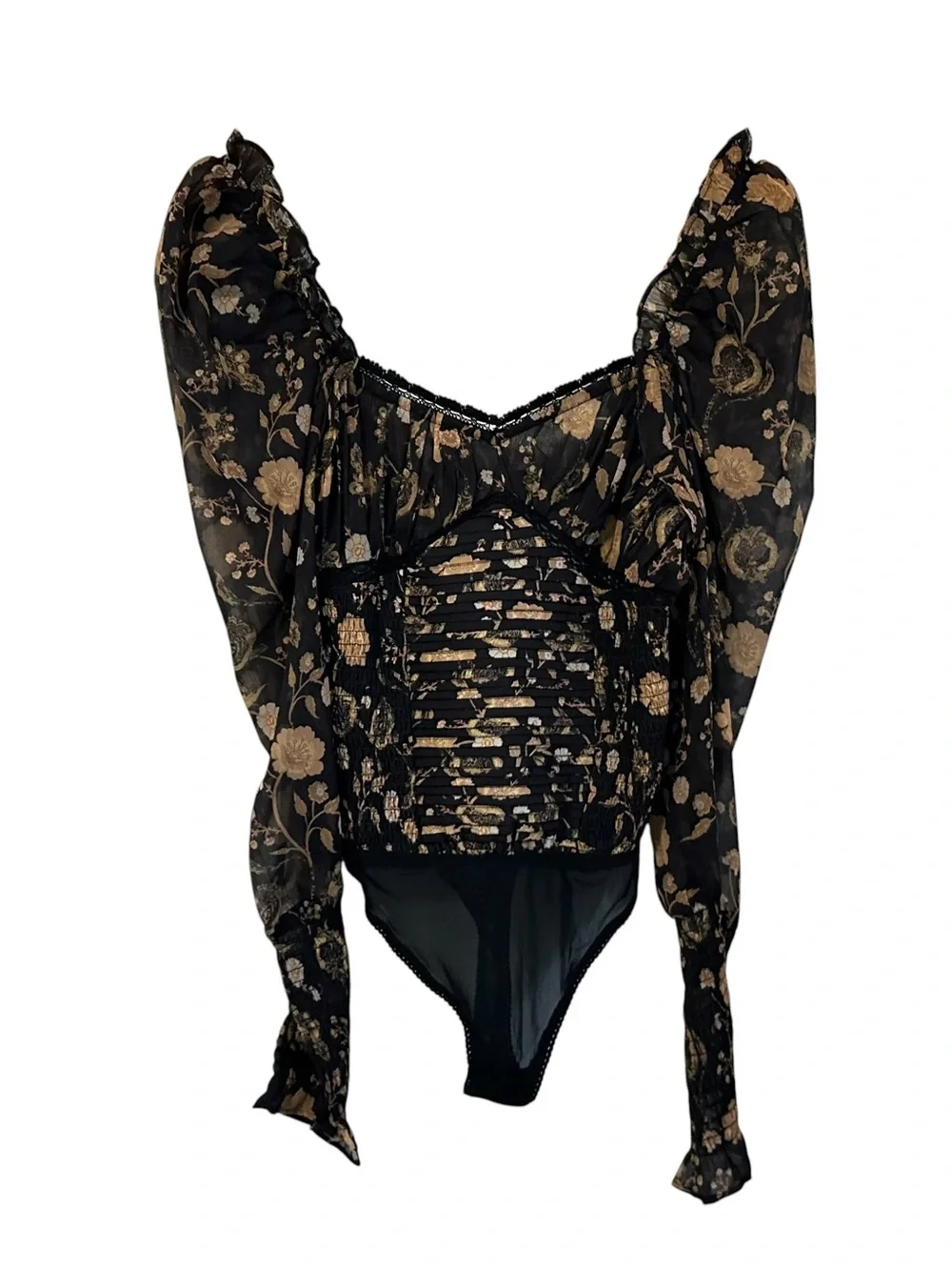 Free People Womens Brunch Date Floral Bodysuit Sz XS Long Sleeve Black
